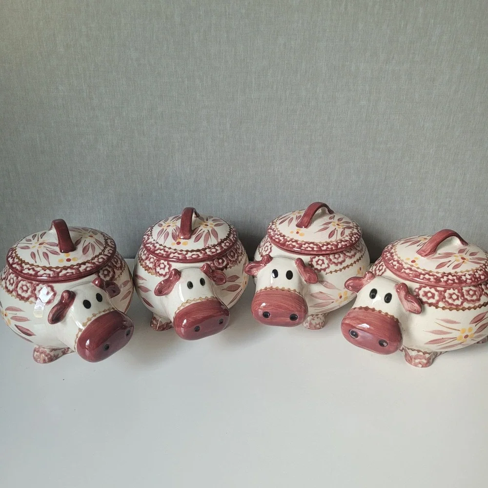 HTF Temp-tations Old World Cow Ramekins Set- 4 Rare Retired Ceramic Baking Cups